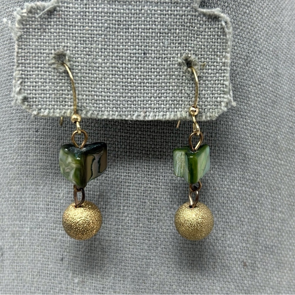 Green Abalone Shell Mother of Pearl Chip Dangle Earrings Gold Metallic Beads